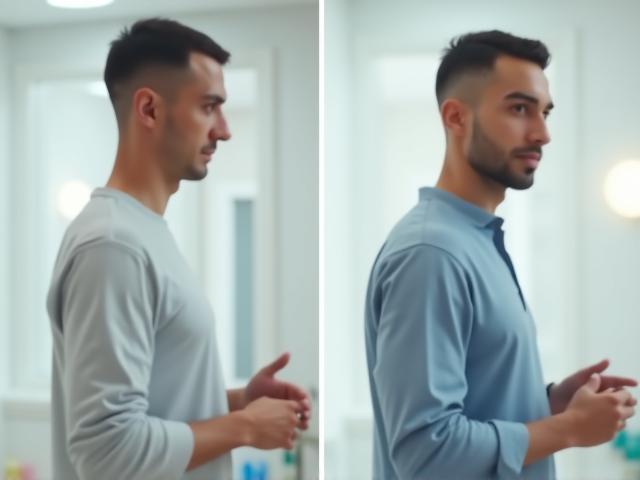 Kolase perubahan fisik pasien pria dengan wajah blur setelah program optimum energi dari Pria Vitalis